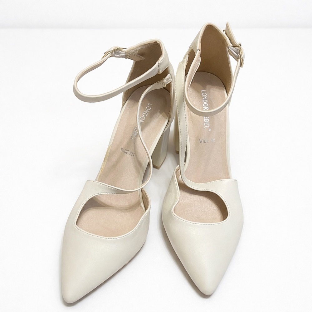 London Rebel Ivory Leather Block Heel Shoes | Bridal | Wide Fit | Size 9.5 Cream - Picture 3 of 9